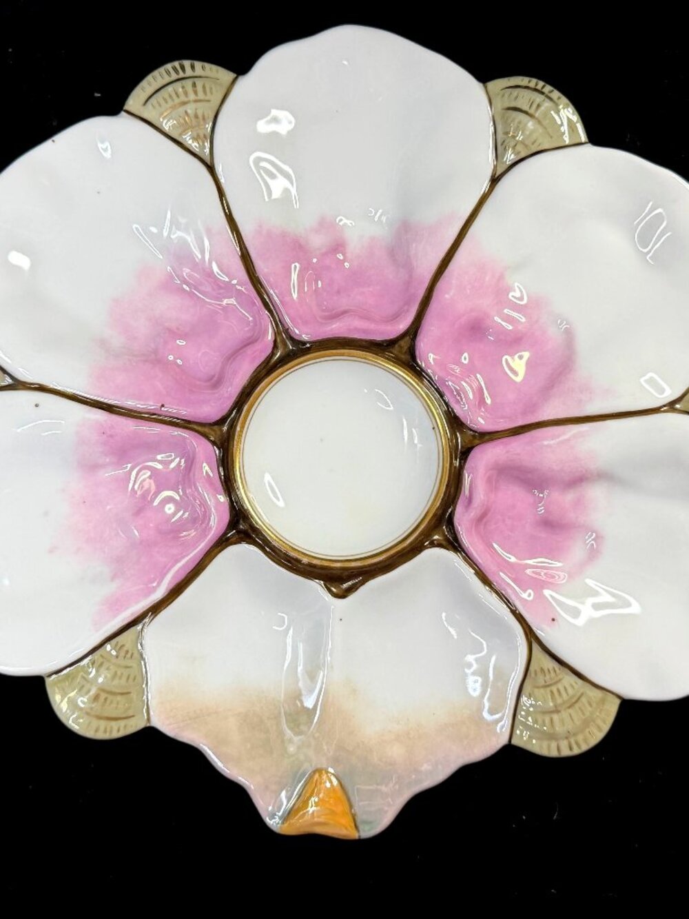Antique 6-Well Oyster Plate Pink White Gold Porcelain c1890 A1267
